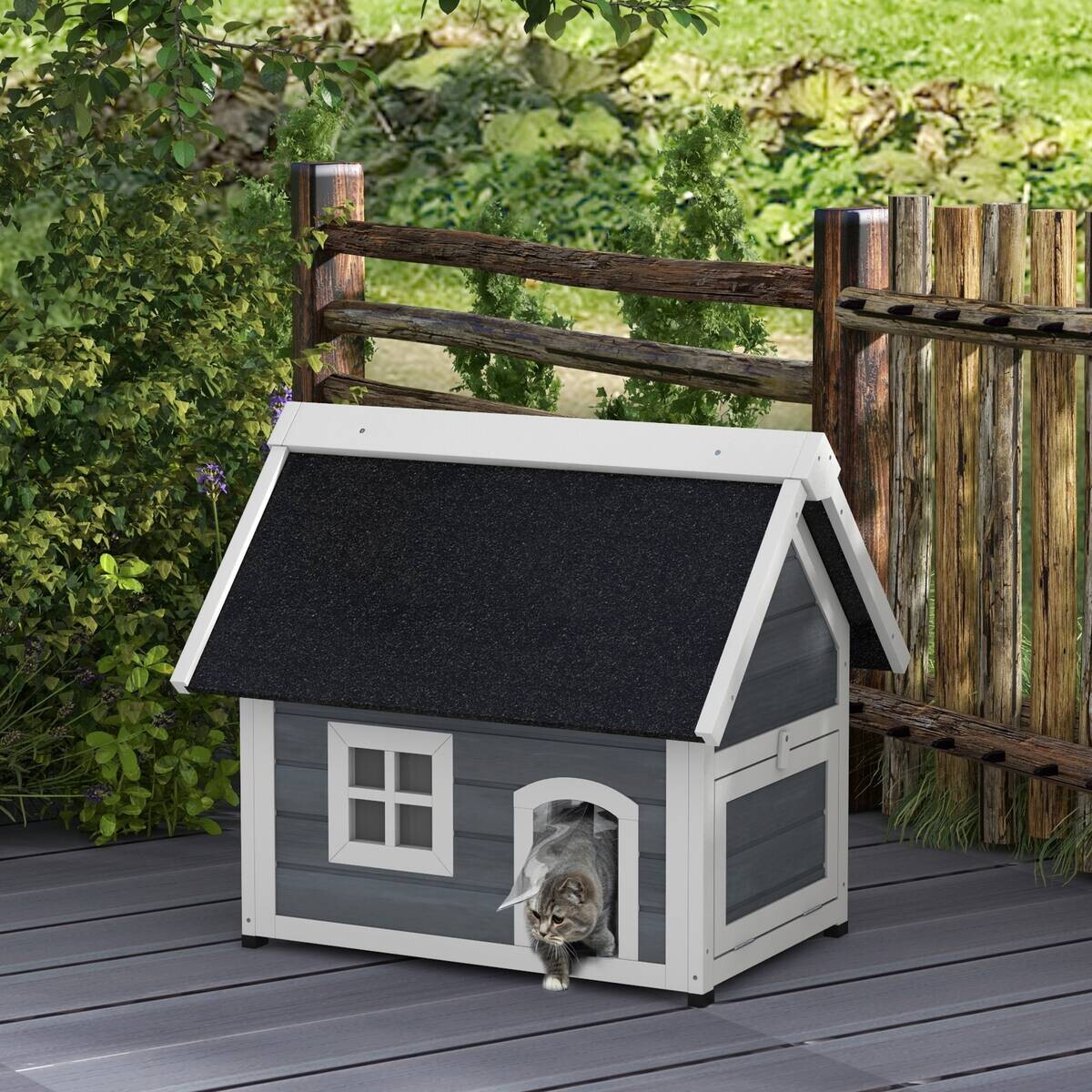 PawHut Katzenhaus grau Holz B/H/L: ca. 57,5x68x77 cm
