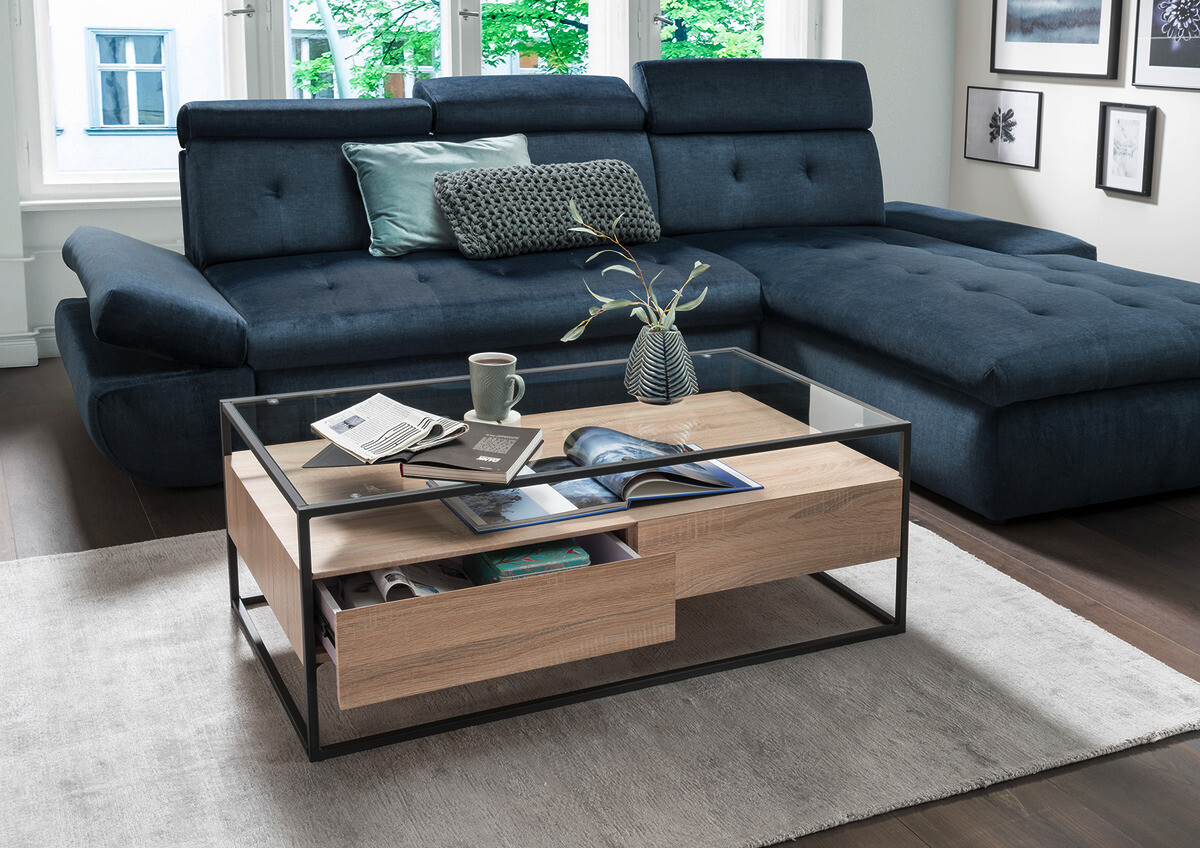 Couchtisch Bozen II glasklar Eiche Sonoma schwarz B/H/T: ca. 110x42x60 cm