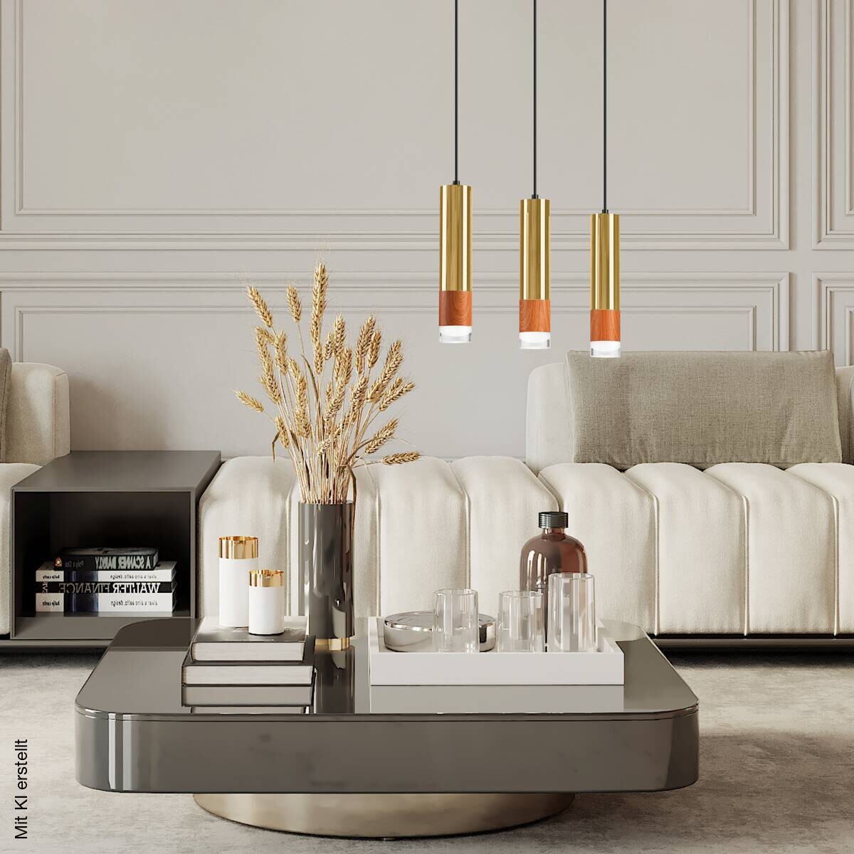 Lamkur Pendelleuchte gold Stahl Glas B/H/L: ca. 8x95x45 cm GU10 3 Brennstellen