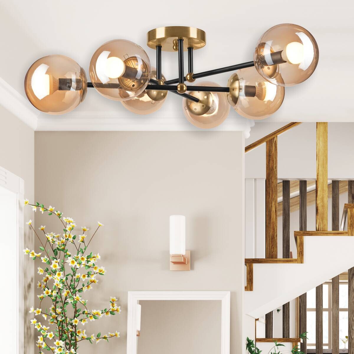 Lamkur Aufbauleuchte Malena gold schwarz Stahl Glas B/H/L: ca. 64x20x64 cm E14 6 Brennstellen