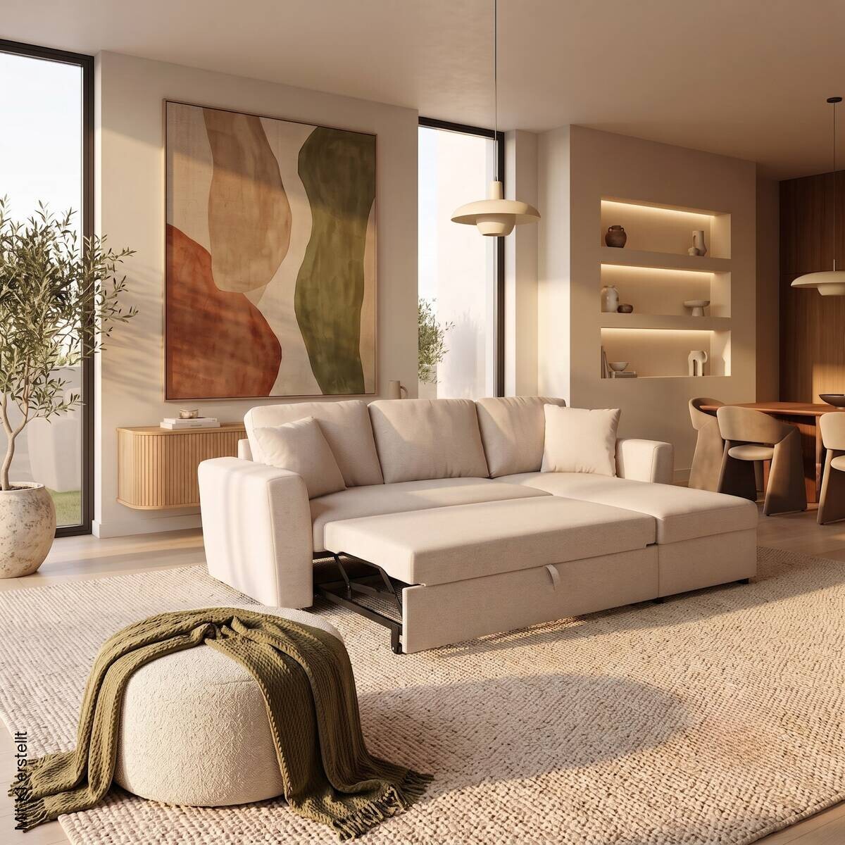 Ecksofa mit Bettfunktion und Bettkasten beige Webstoff B/H/T: ca. 234x86x144 cm