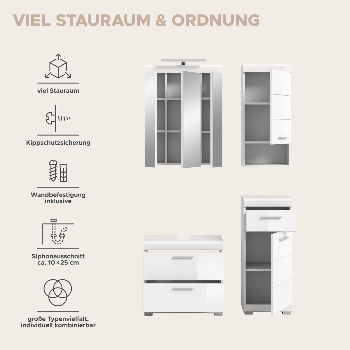 Badezimmer-Set Scout weiß weiß Hochglanz B/H/T: ca. 112x191x37 cm