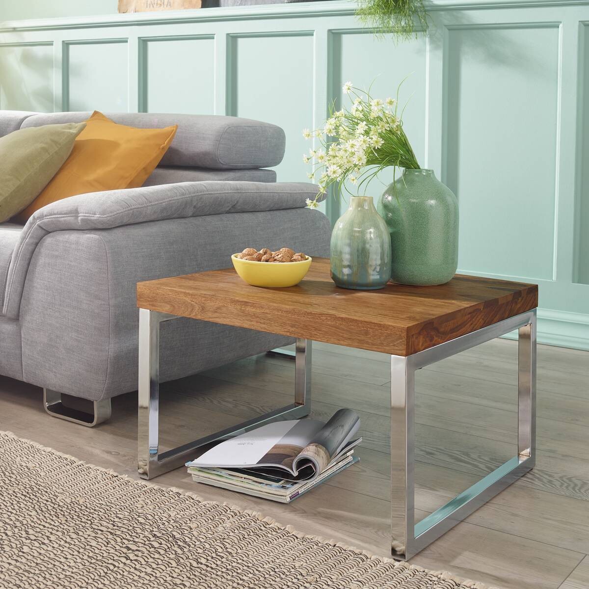 Beistelltisch natur Chrom verchromt Echtholz Metall B/H/T: ca. 60x40x60 cm