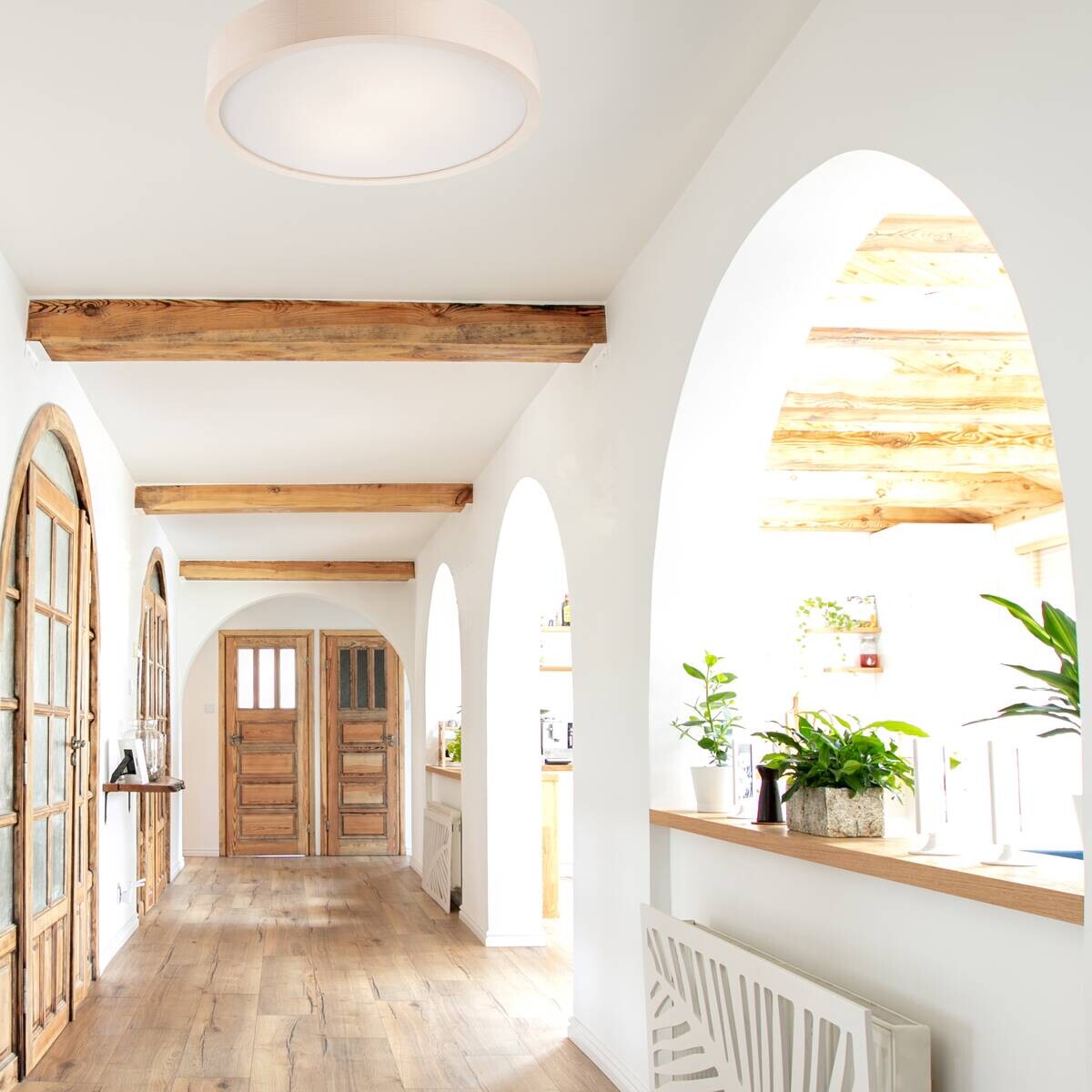 Lamkur Deckenleuchte Eveline weiß Glas Holz B/H/L: ca. 38,5x12x38,5 cm 2 Brennstellen