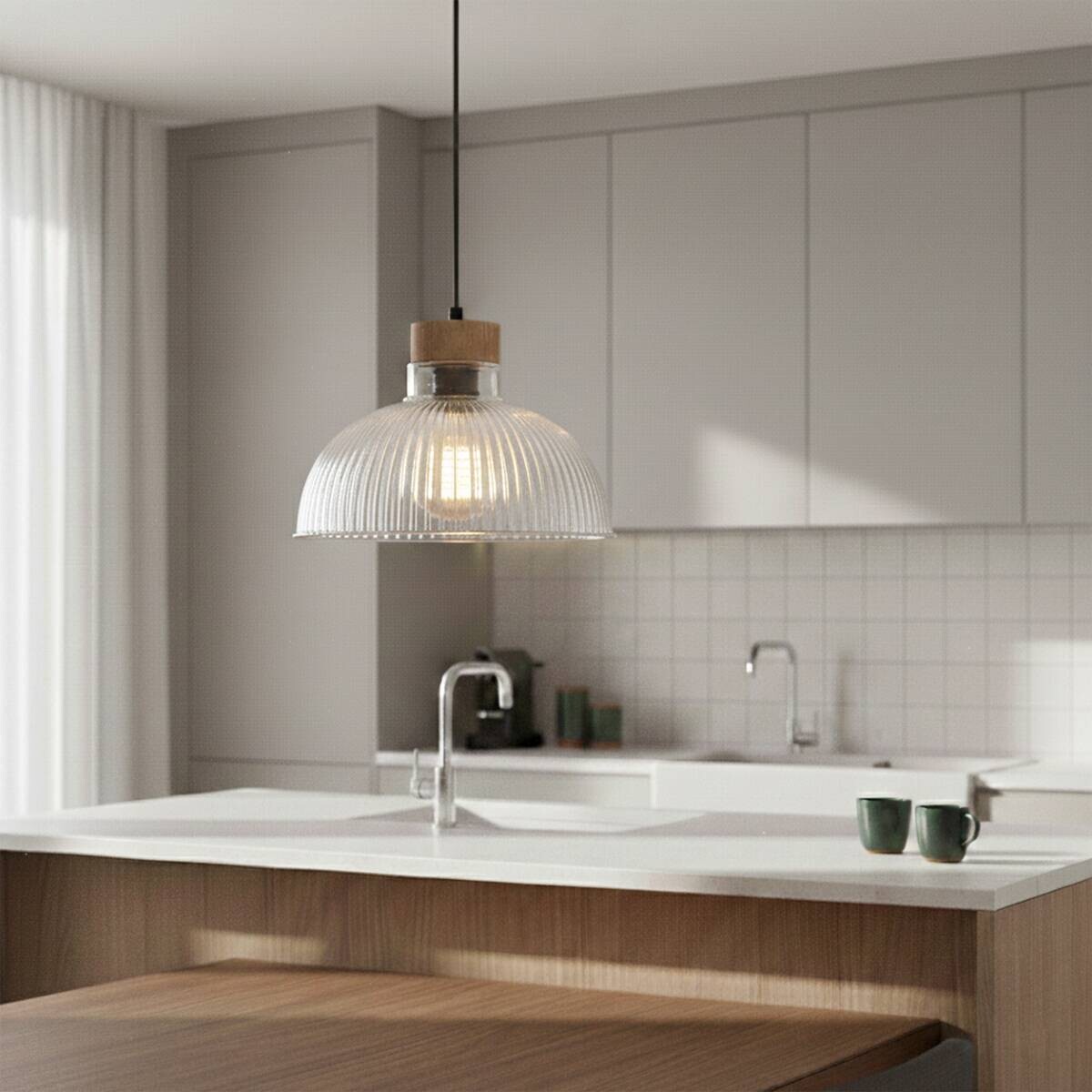 Lamkur Pendelleuchte Eiche Glas B/H/L: ca. 30x113x30 cm E27 1 Brennstellen