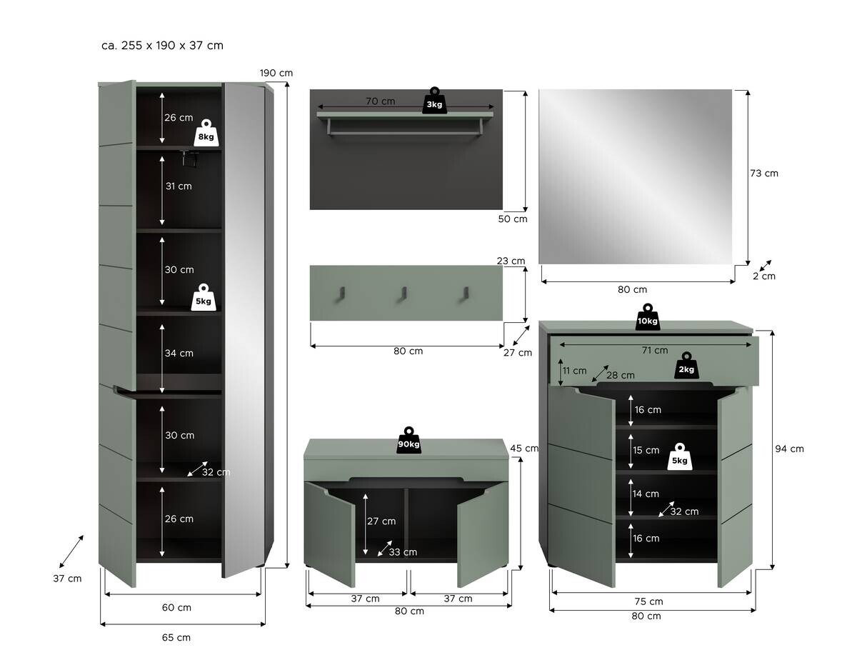 Garderobe Canu grün basaltgrau Nachbildung B/H/T: ca. 255x190x37 cm