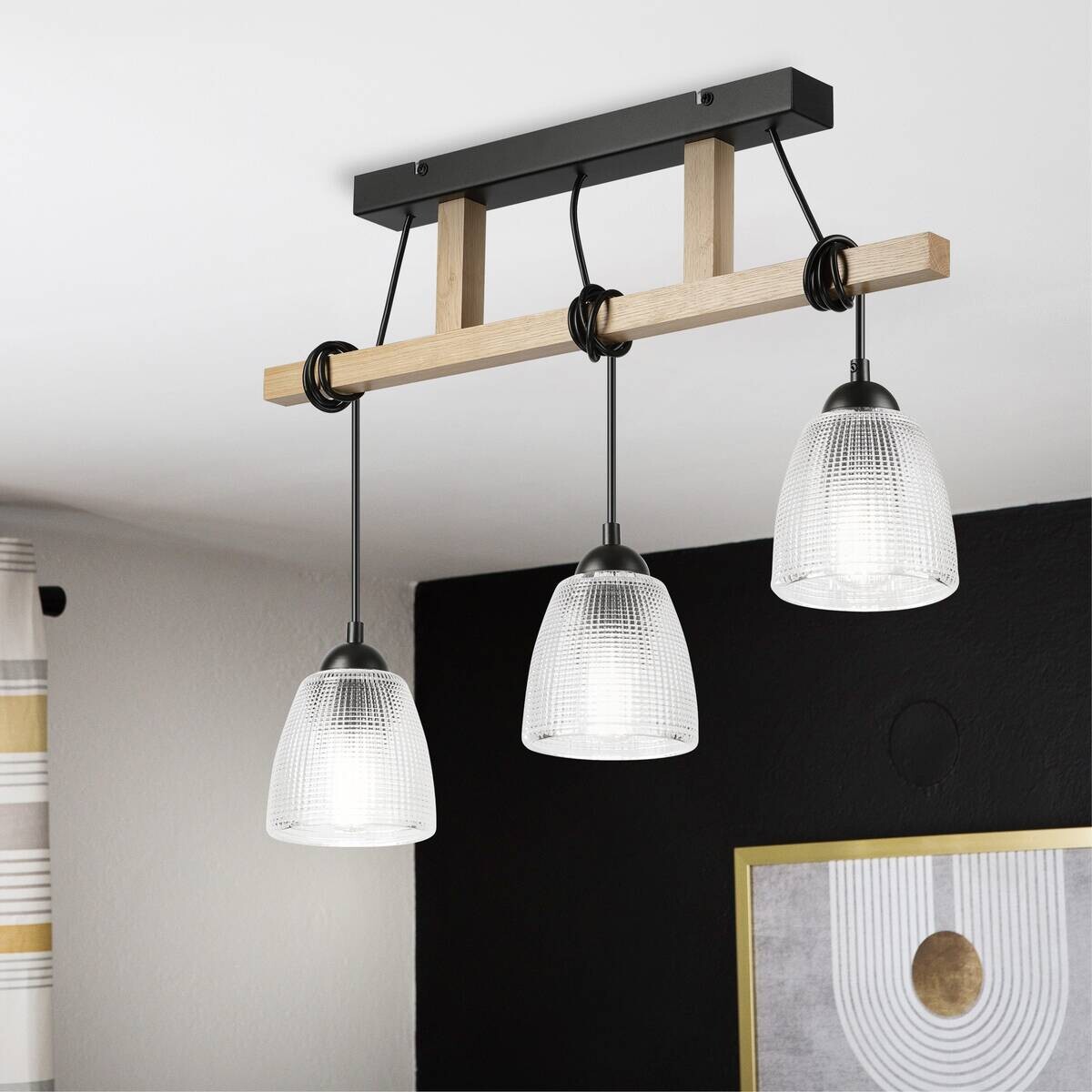 Lamkur Pendelleuchte Eiche Stahl B/H/L: ca. 60x88x60 cm E27 3 Brennstellen
