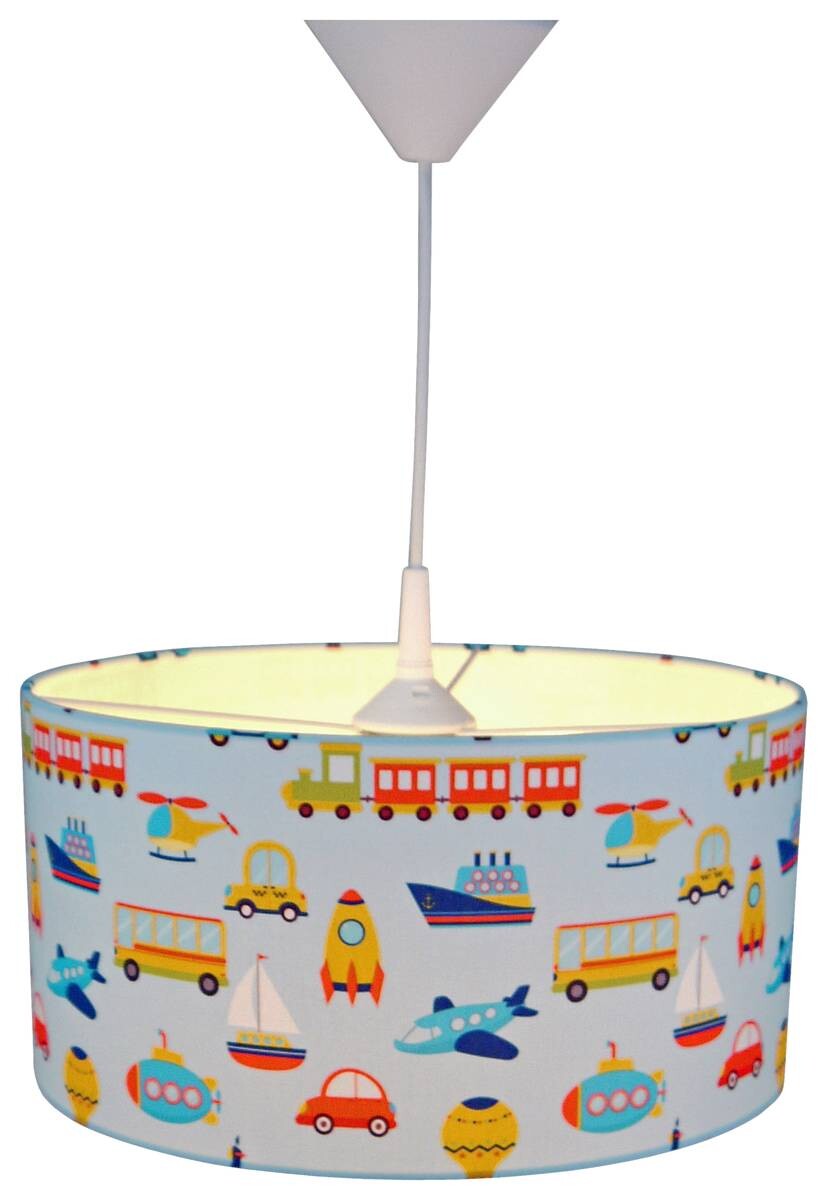 Niermann Pendelleuchte Fahrzeuge blau bunt Textil Metall D: ca. 35 cm E27 1 Brennstellen