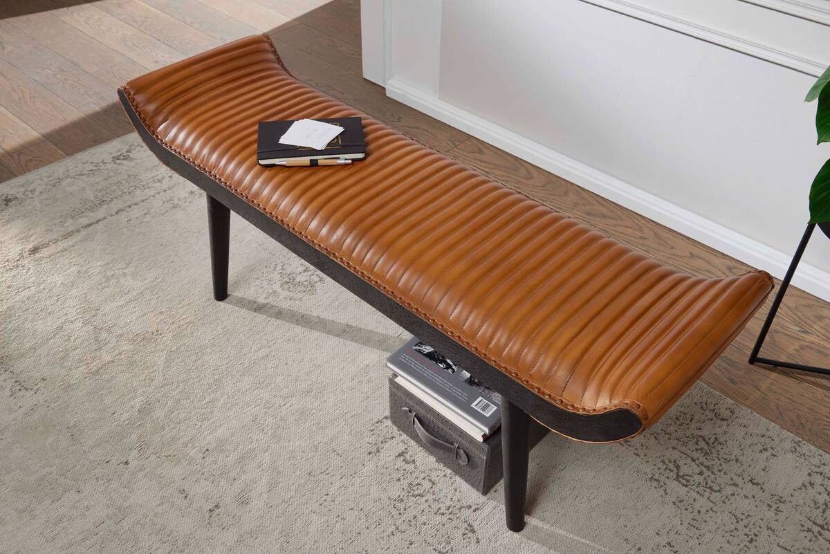 Wohnling Sitzbank braun schwarz Leder Echtholz B/H/T: ca. 125x51x38 cm