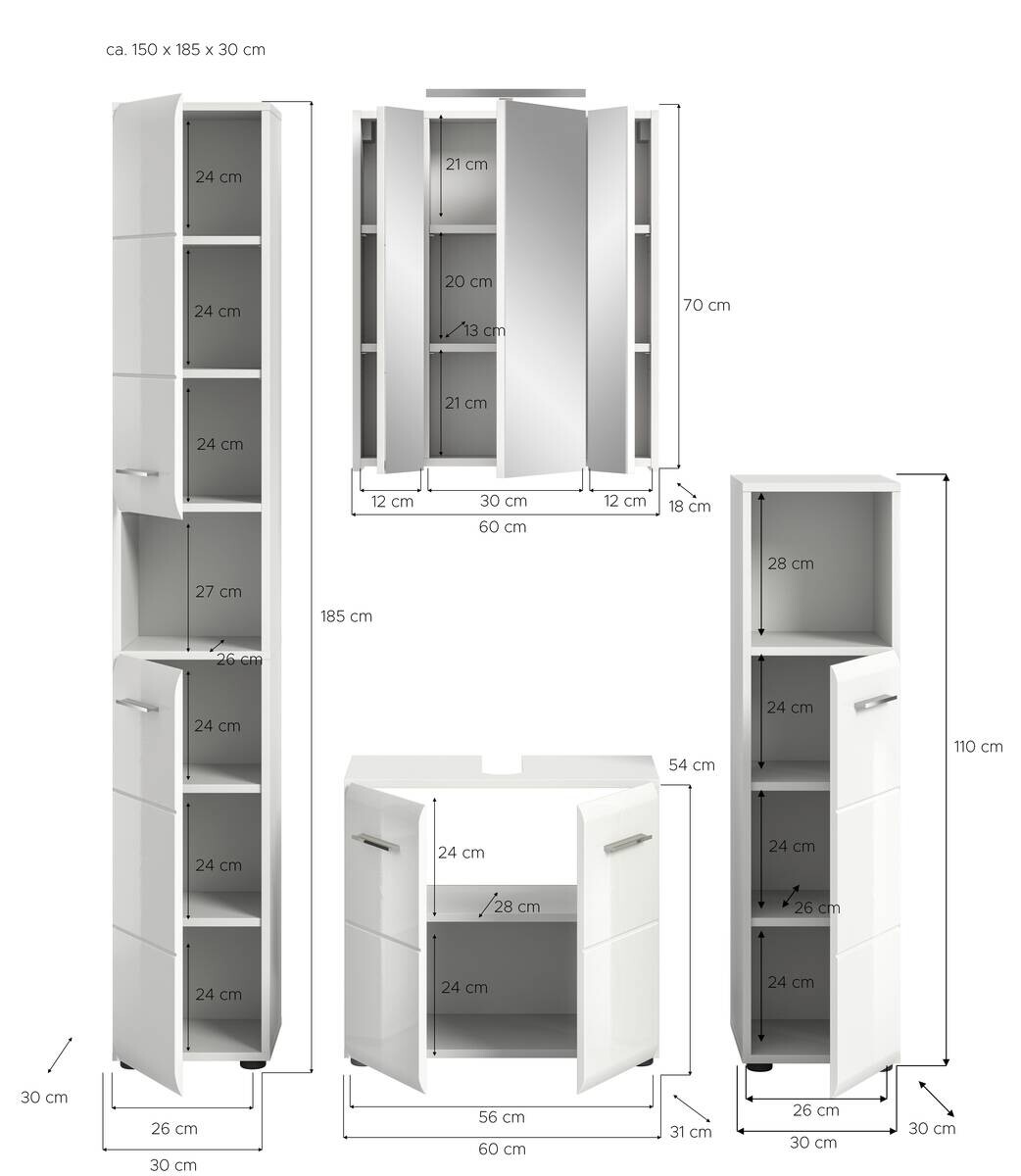 Badezimmer-Set Ice weiß weiß Hochglanz B/H/T: ca. 150x185x30 cm