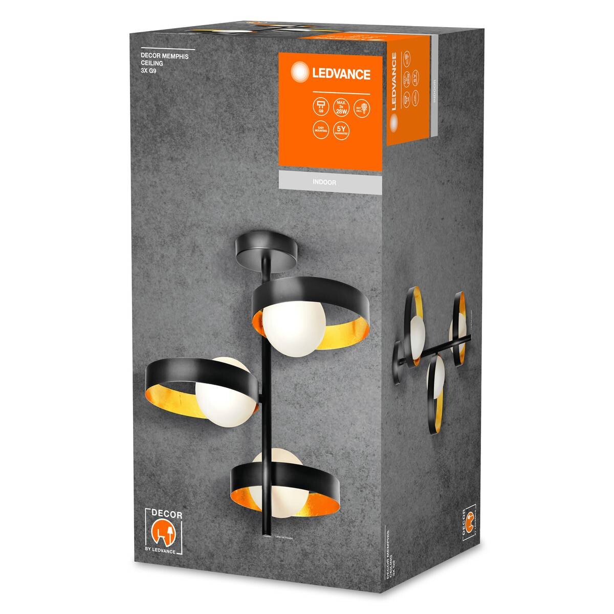 LEDVANCE Deckenleuchte Memphis schwarz gold weiß Metall Glas H/D: ca. 42,5x31,5 cm G9 3 Brennstellen