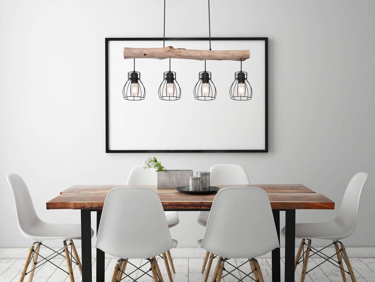 GLOBO Pendelleuchte Mina natur schwarz Holz Metall B/H: ca. 83x140 cm E27 4 Brennstellen