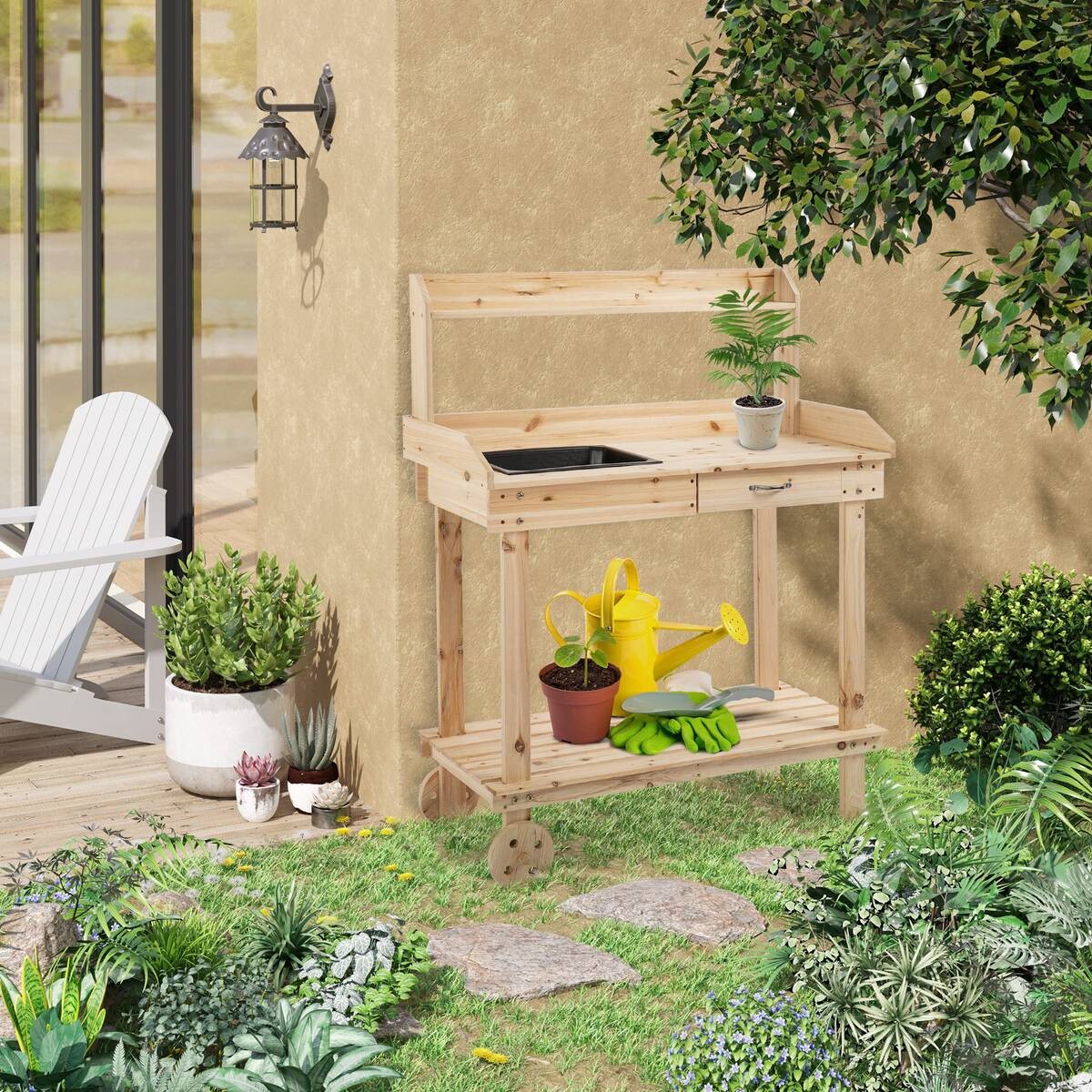 Outsunny Pflanztischmit Rollen natur B/H/L: ca. 45x119x92 cm