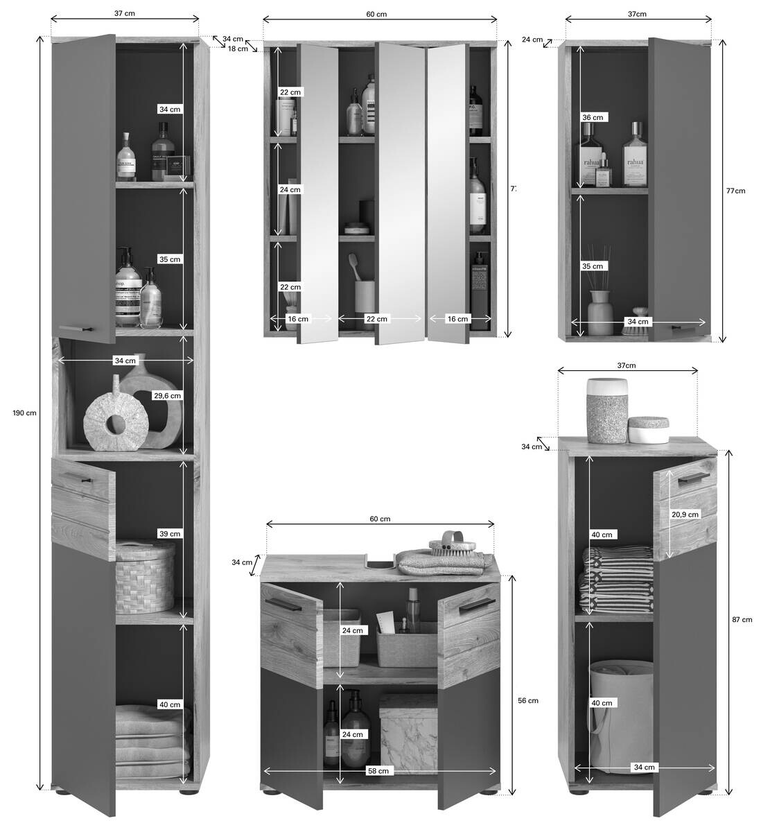 Badezimmer-Set MASON Nox Oak Nachbildung edles Basaltgrau Nachbildung B/H/T: ca. 164x190x34 cm
