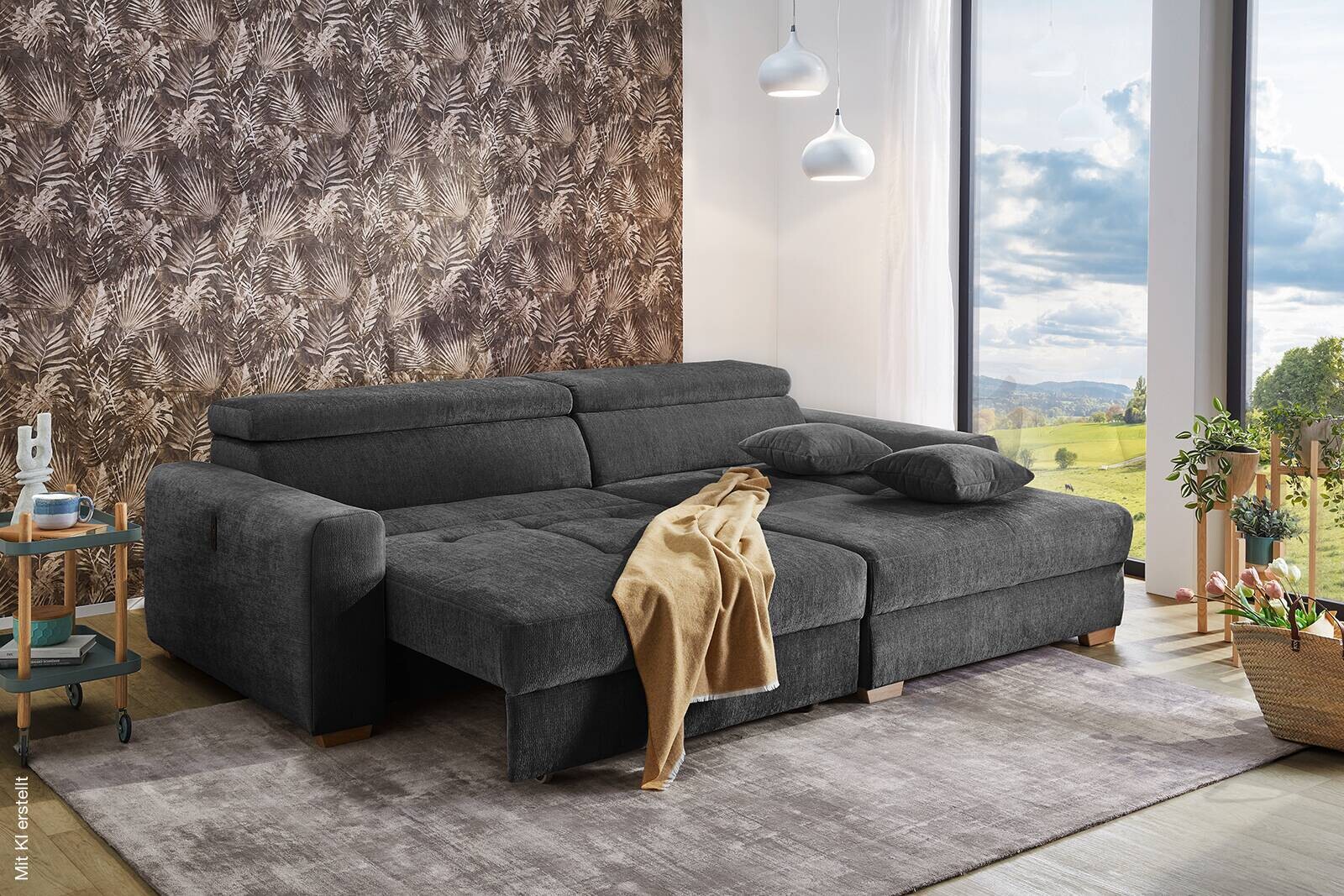 Ecksofa mit elektrischer XXL Sitztiefenverstellung dunkelgrau Flachgewebe B/H/T: ca. 277x109x187 cm