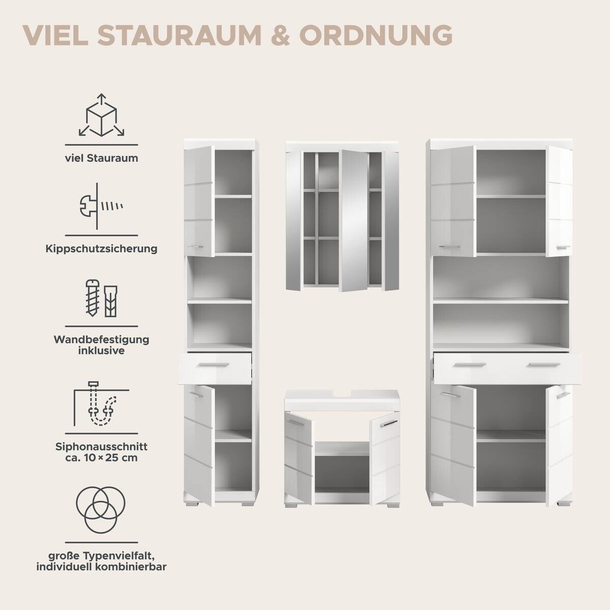 Badezimmer-Set Scout weiß weiß Hochglanz B/H/T: ca. 186x191x34 cm