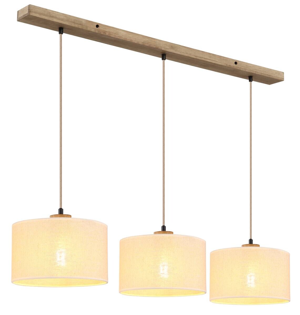 GLOBO Pendelleuchte Jule braun Holz Leinen B/H/L: ca. 25x120x100 cm E27 3 Brennstellen