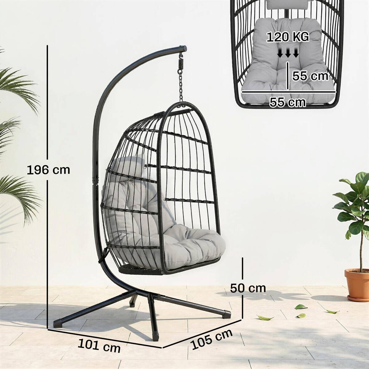 Outsunny Korbhängesessel hellgrau Metall B/H/L: ca. 101x196x105 cm