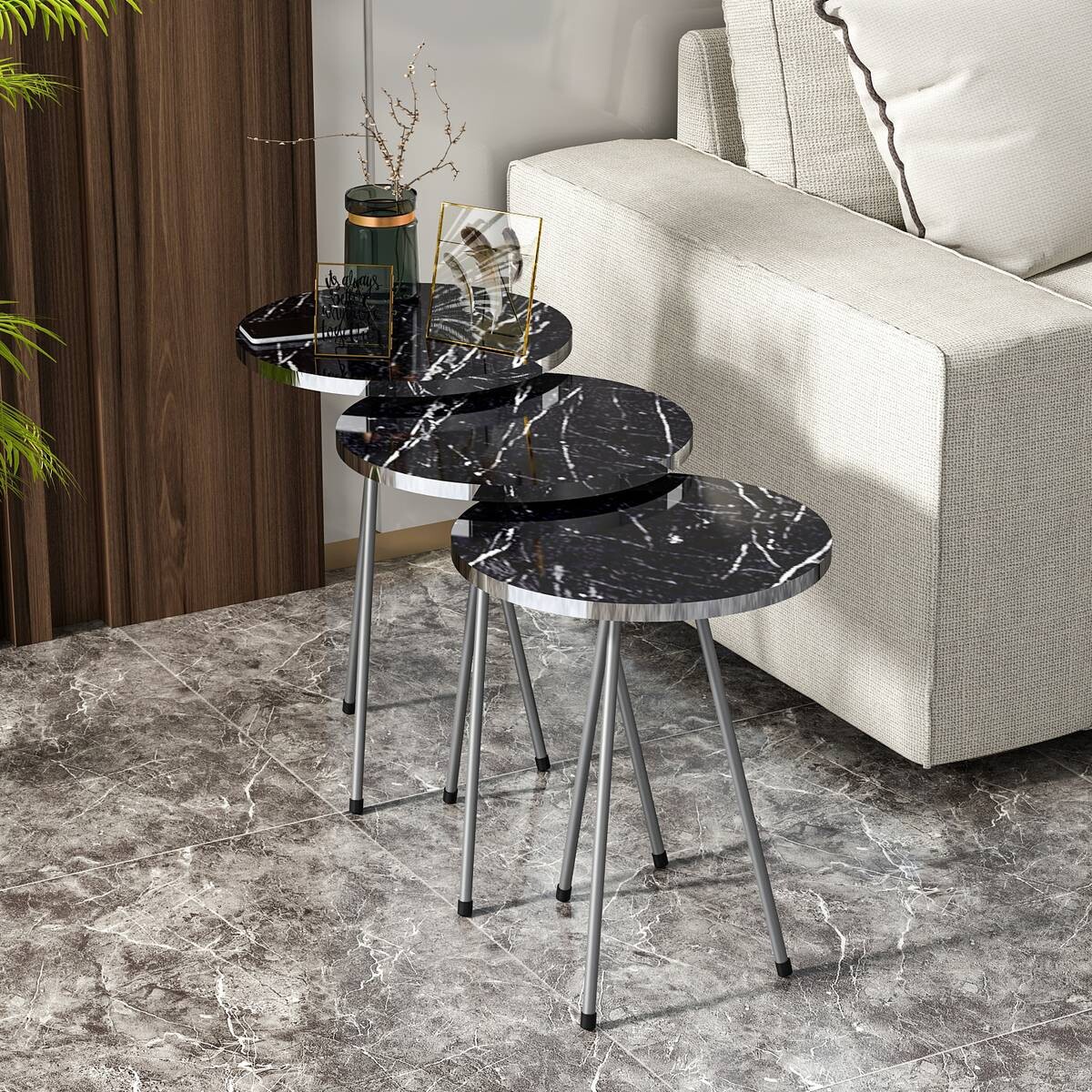 Beistelltisch 3er-Set. 21796177 schwarz Marmoroptik B/H/T: ca. 38x53,5x38 cm