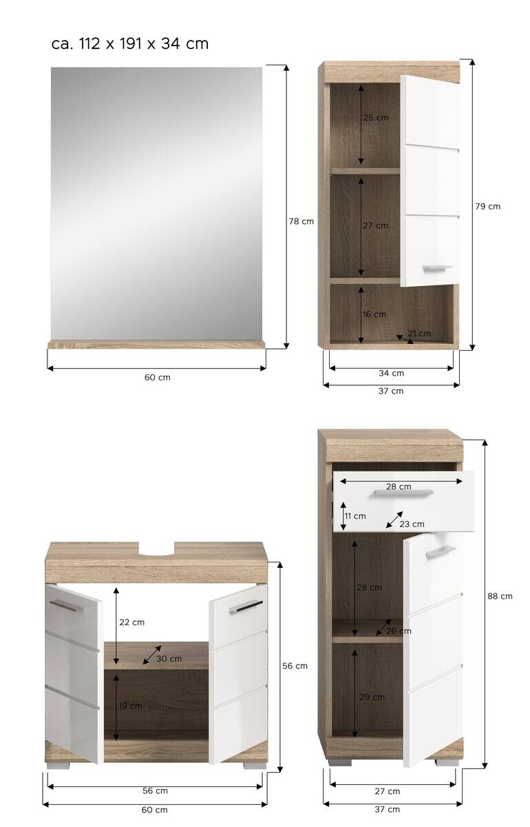 Badezimmer-Set Lambada Eiche Sonoma Nachbildung weiß Hochglanz B/H/T: ca. 112x191x34 cm