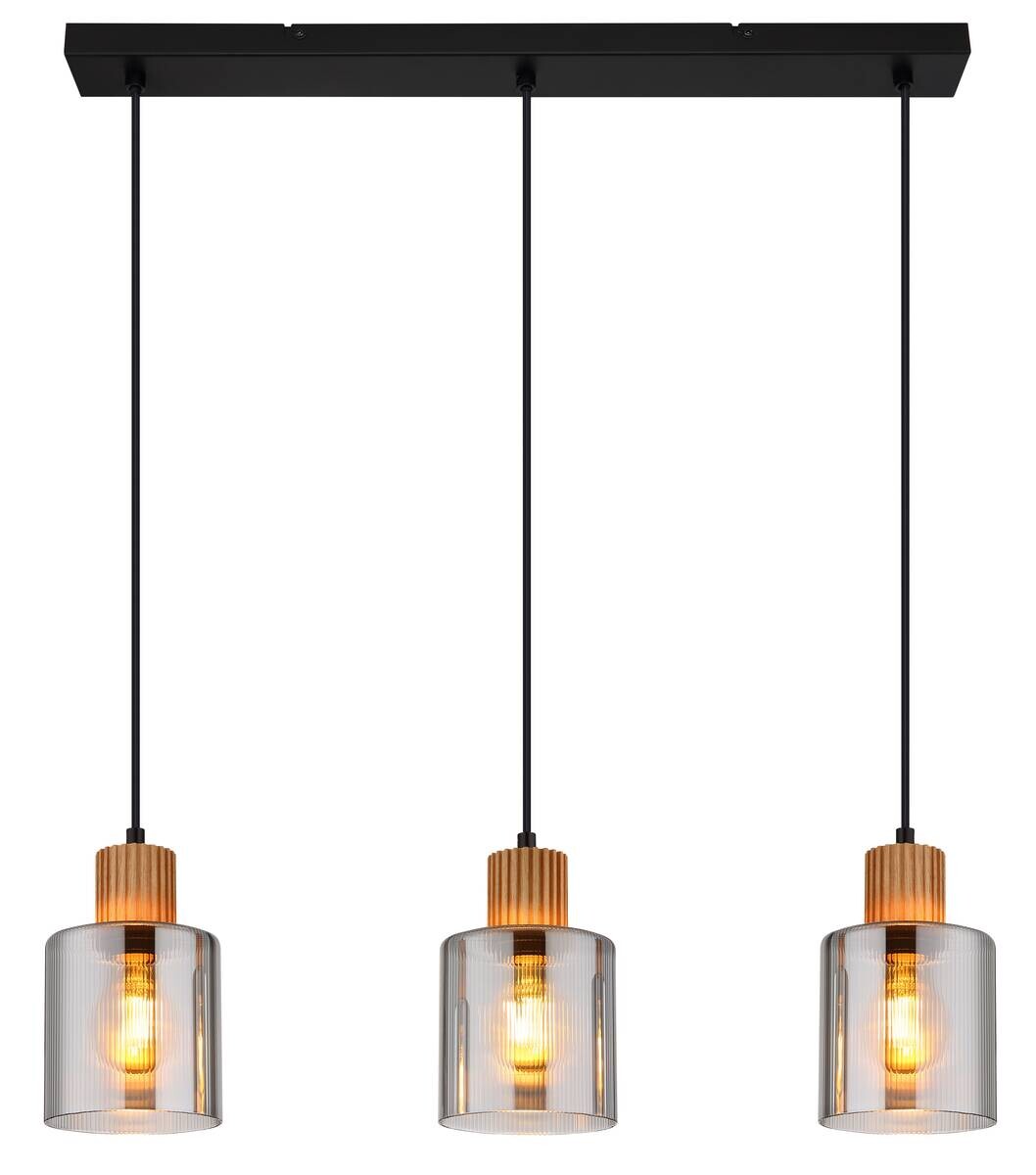 GLOBO Pendelleuchte Rauch schwarz dunkelbraun Glas Metall Holz B/H/L: ca. 12x120x64 cm E27 3 Brennstellen