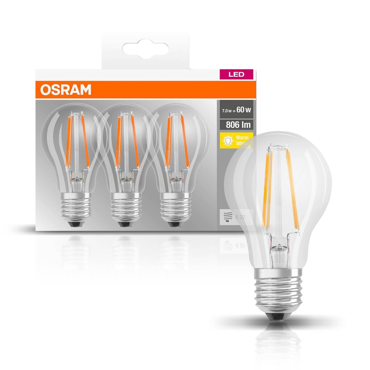 OSRAM LED-Leuchtmittel Filamentlampe BASE Classic A AC32394 3er Pack E27