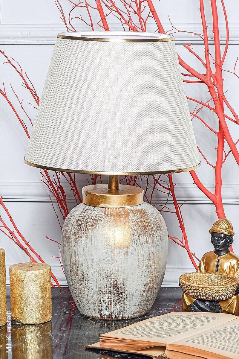 Opviq Tischleuchte gold creme Keramik B/H/L: ca. 30x47x30 cm E27 1 Brennstellen