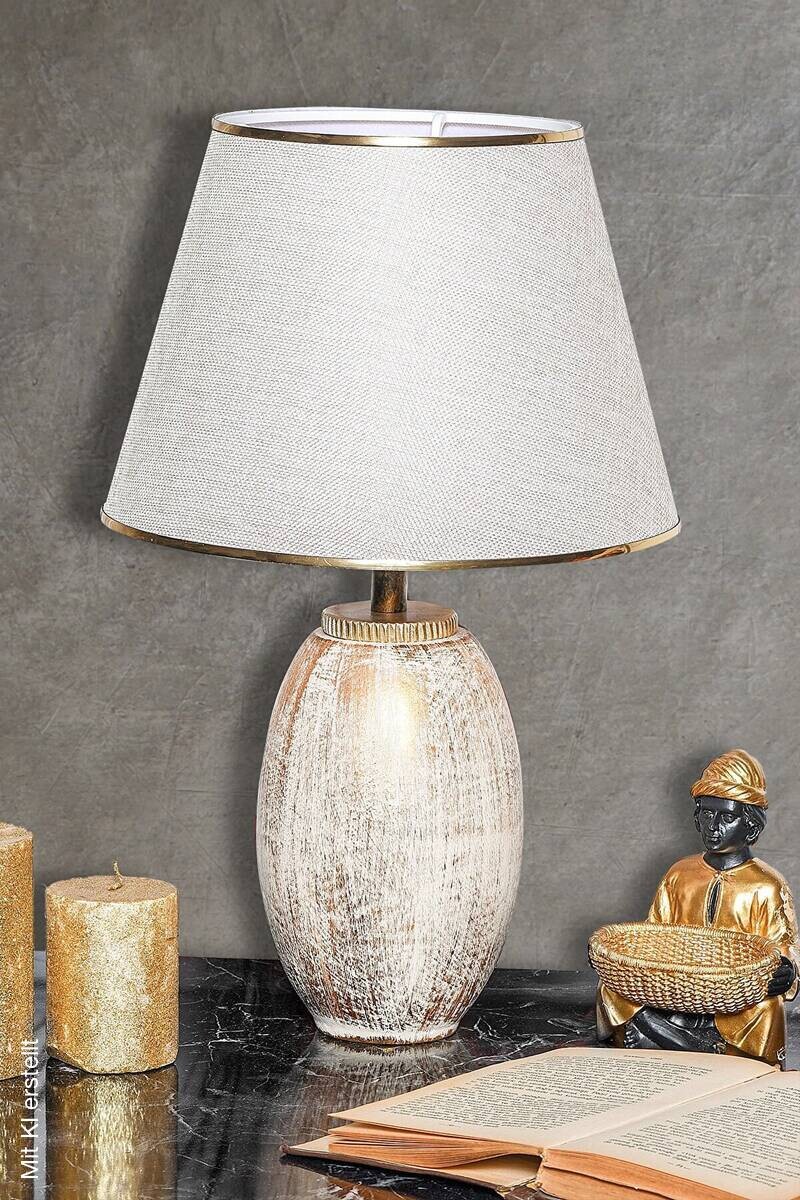 Opviq Tischleuchte gold beige Stoff Metall B/H/T/L/D: ca. 30x50x30x30x30 cm E27 1 Brennstellen