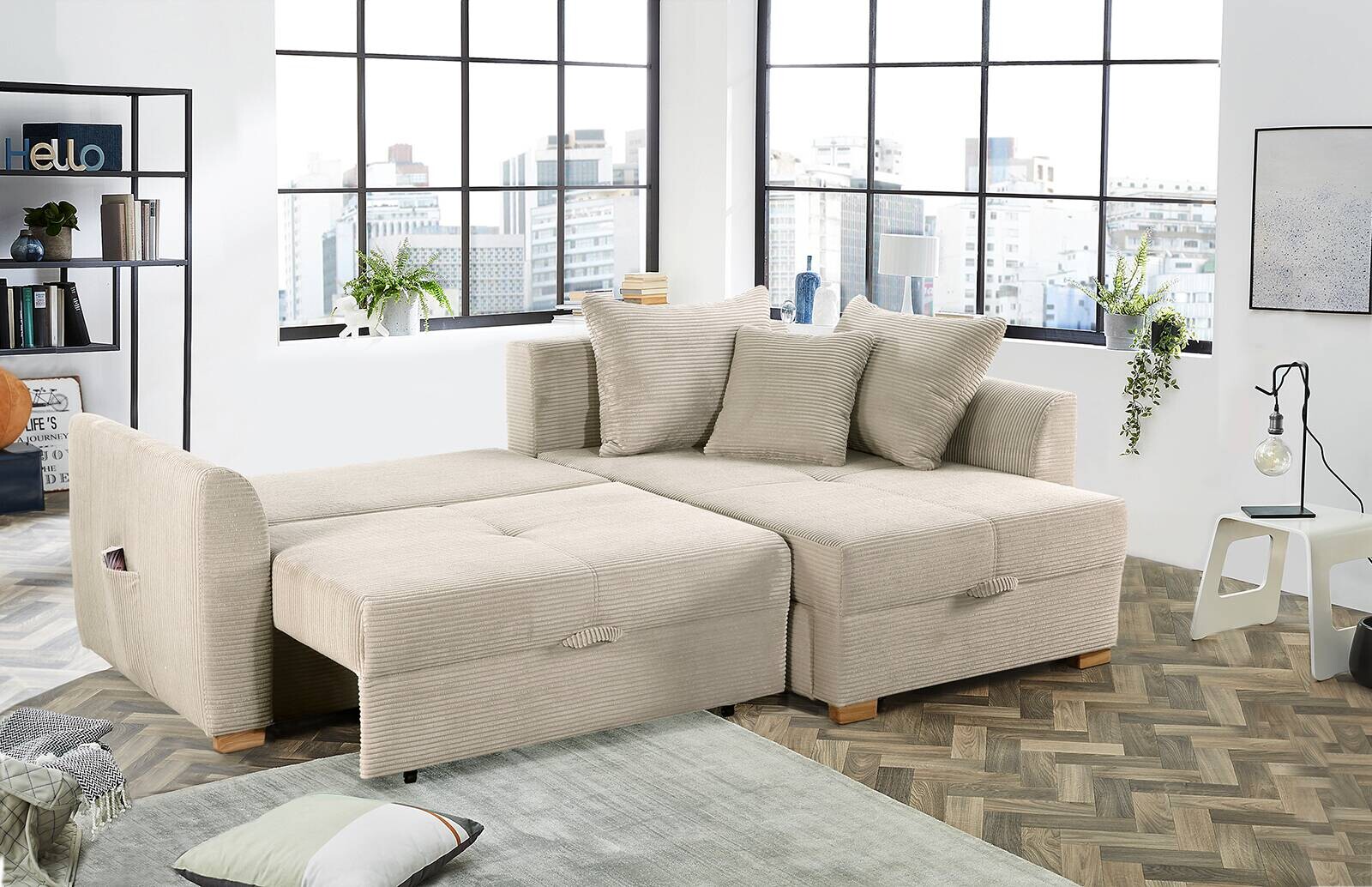 Ecksofa mit Bettfunktion und Bettkasten beige B/H/T: ca. 236x81x160 cm