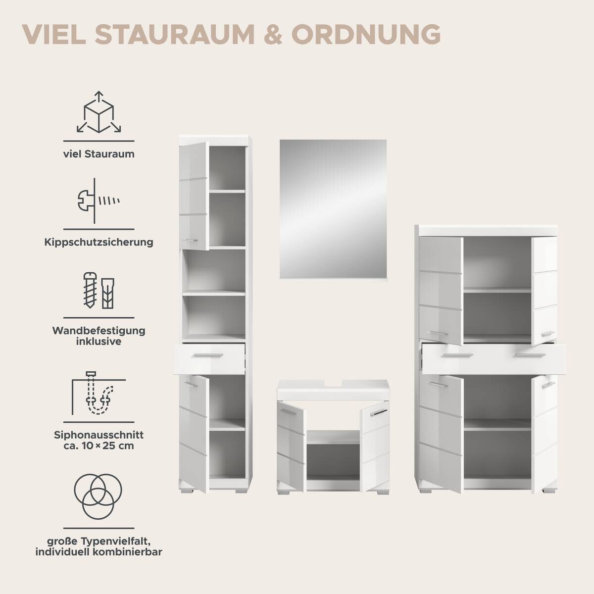 Badezimmer-Set Scout weiß weiß Hochglanz B/H/T: ca. 186x191x34 cm