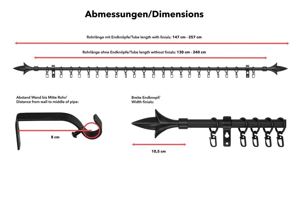 LICHTBLICK Gardinenstange Lilie schwarz Metall D: ca. 0,16 cm ausziehbar von ca. 130 bis 240 cm 1.0 Läufe