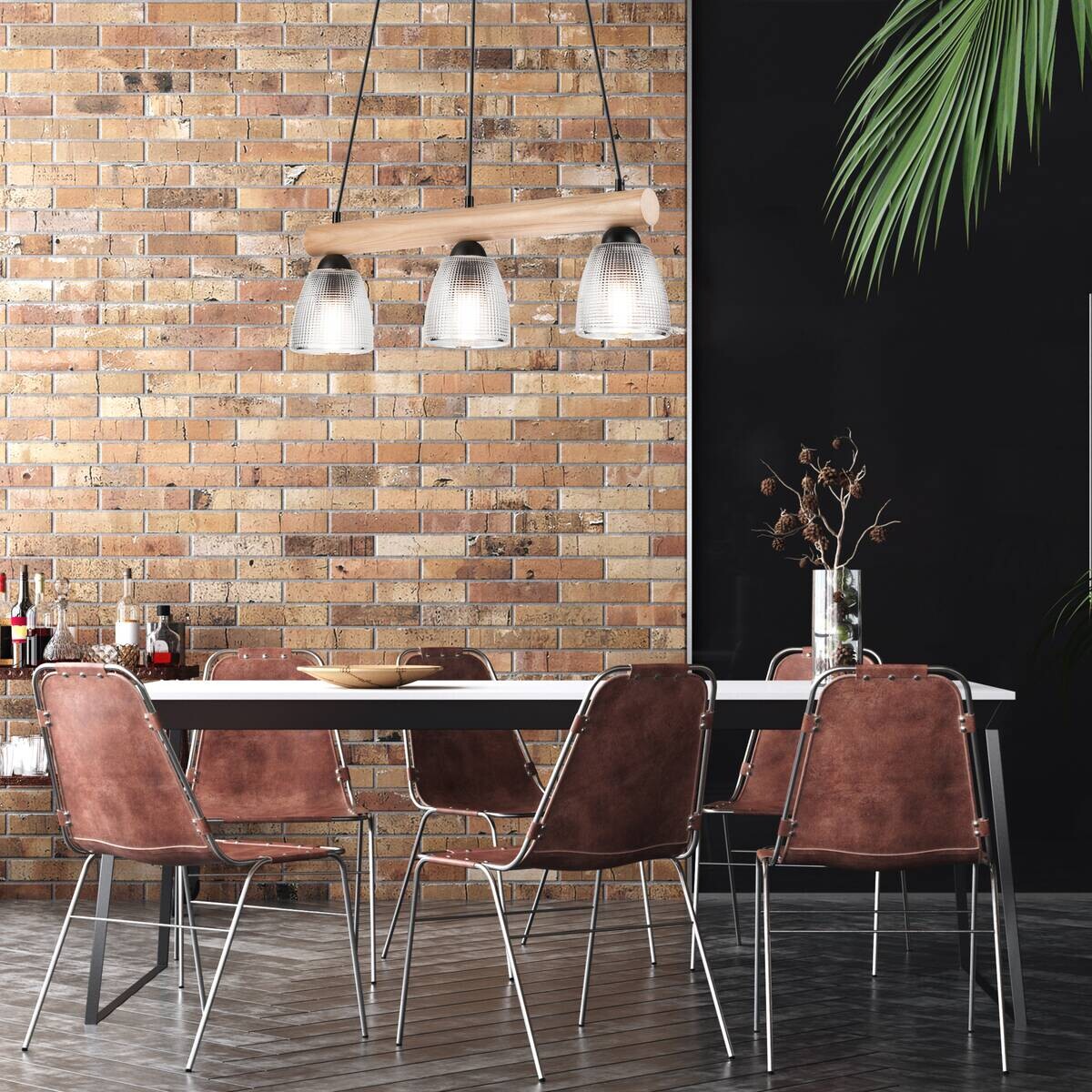 Lamkur Pendelleuchte natur Stahl B/H/L: ca. 20x93x63 cm E27 3 Brennstellen