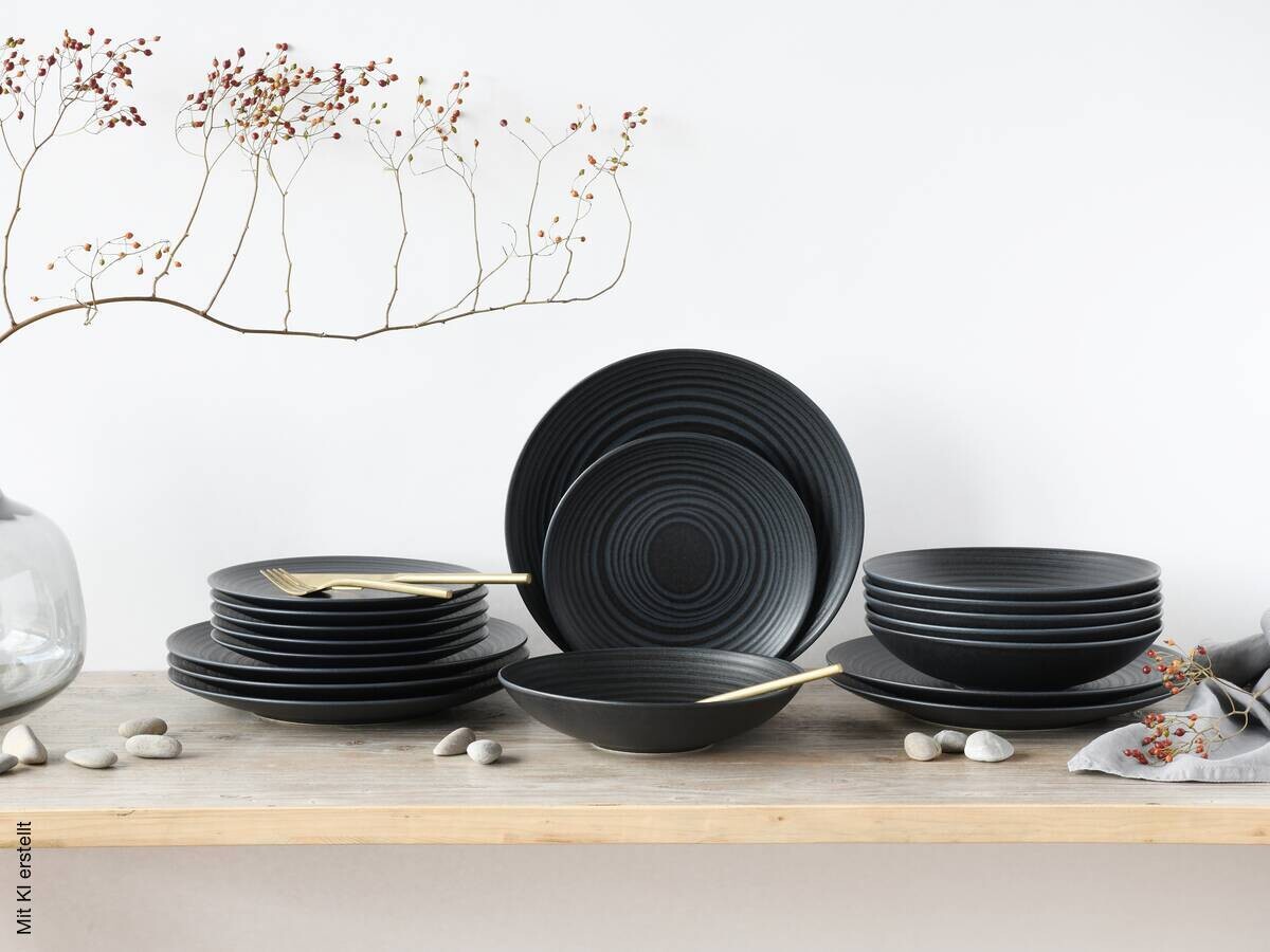 CreaTable Teller-Set Lava Stone schwarz Steinzeug