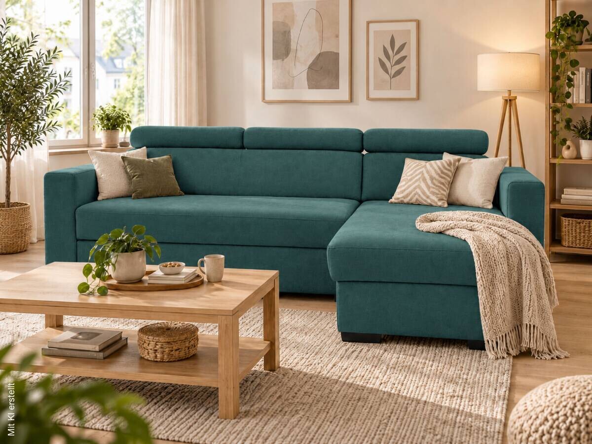 Ecksofa mit Bettfunktion und Bettkasten blaugrün Microfaser B/T: ca. 238x170 cm