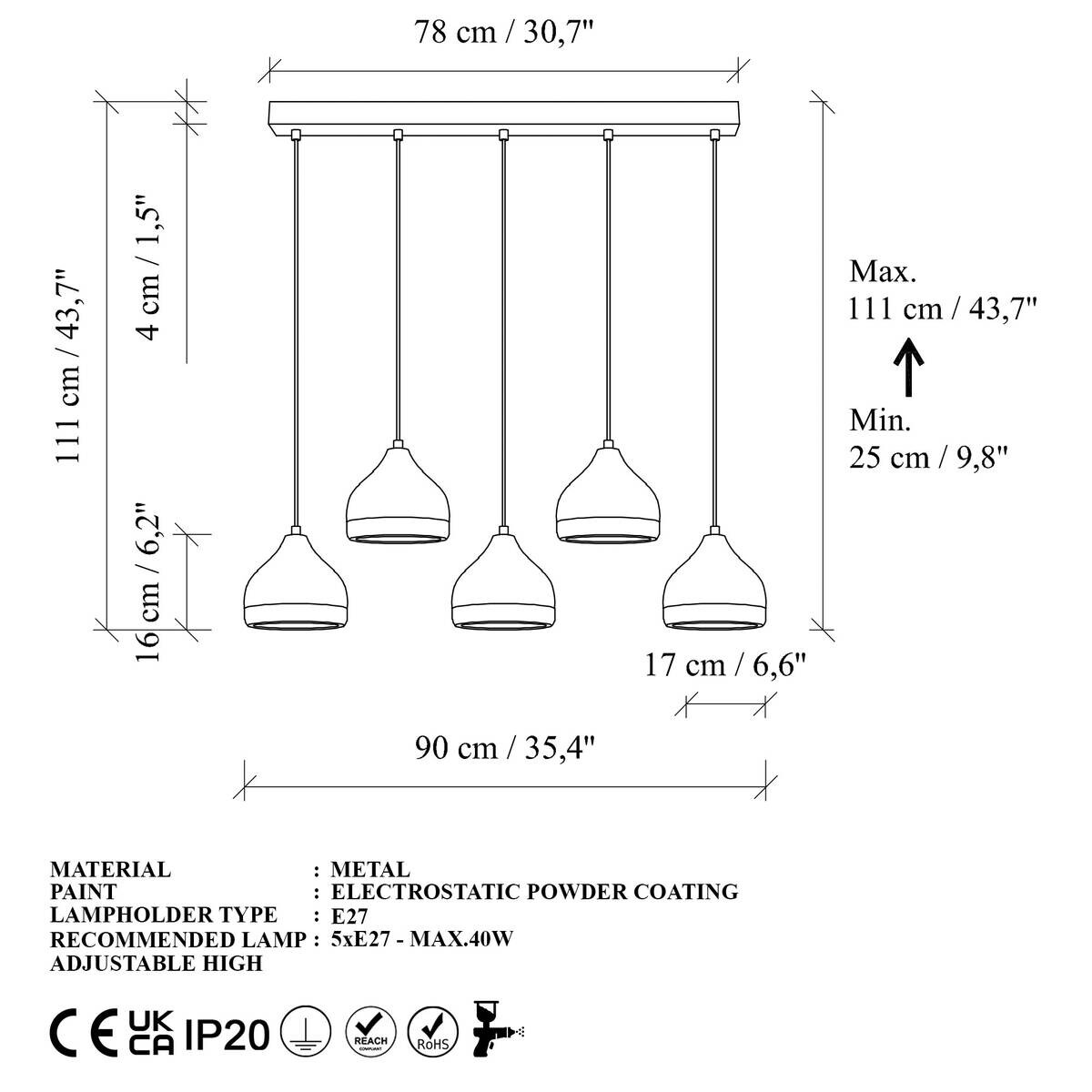 Opviq Pendelleuchte Yldo schwarz B/H/T/L: ca. 90x111x17x90 cm E27 5 Brennstellen