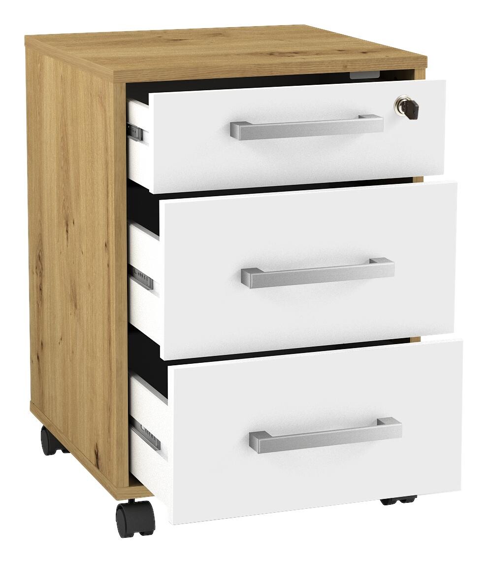 Rollcontainer Eiche Artisan Nachbildung weiß glänzend B/H/T: ca. 40,5x57,5x40 cm