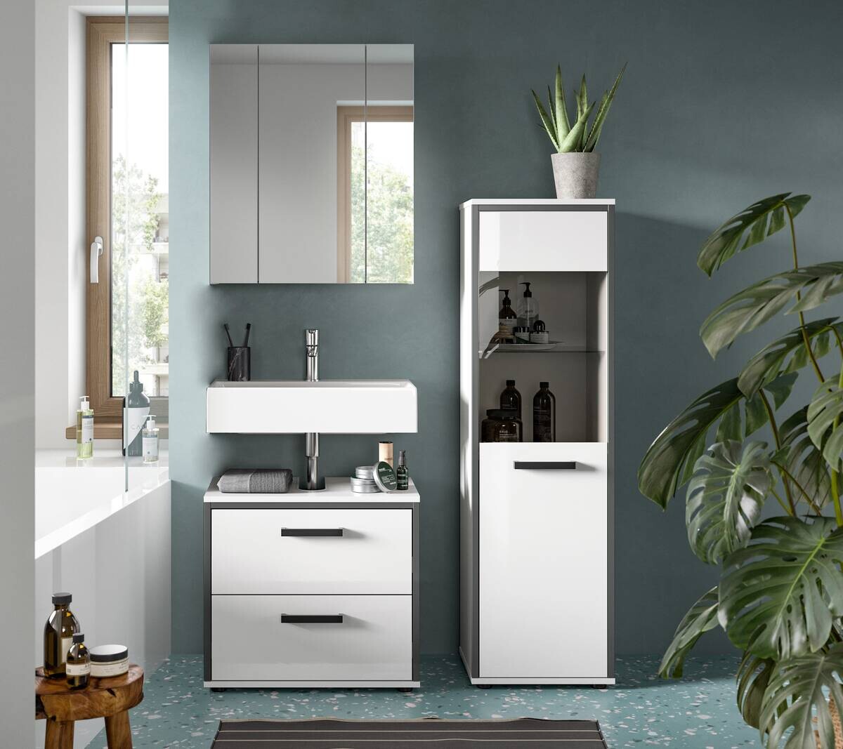 Badblock KOJAK weiß Hochglanz anthrazit grau B/H/T: ca. 115x188x37 cm