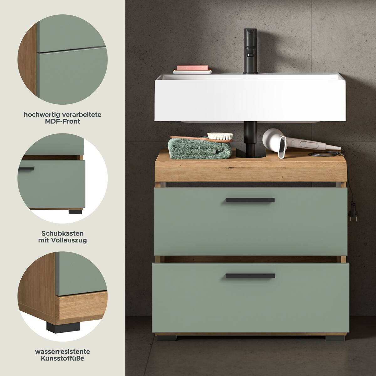 Waschbeckenunterschrank Scout Eiche Artisan Nachbildung salbei Nachbildung B/H/T: ca. 60x56x37 cm