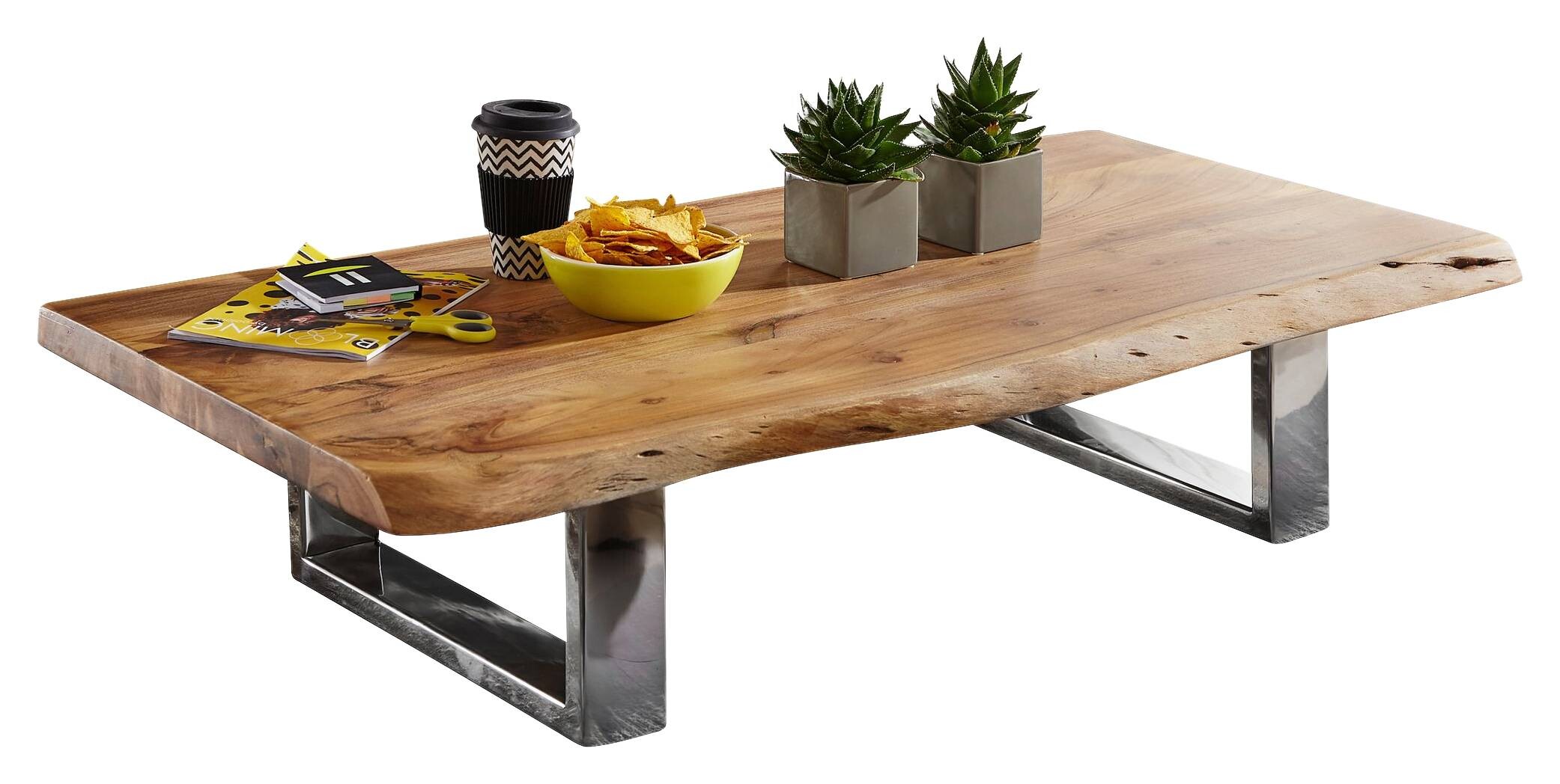 Wohnling Couchtisch natur Chrom Akazie Metall B/H/T: ca. 115x25x58 cm