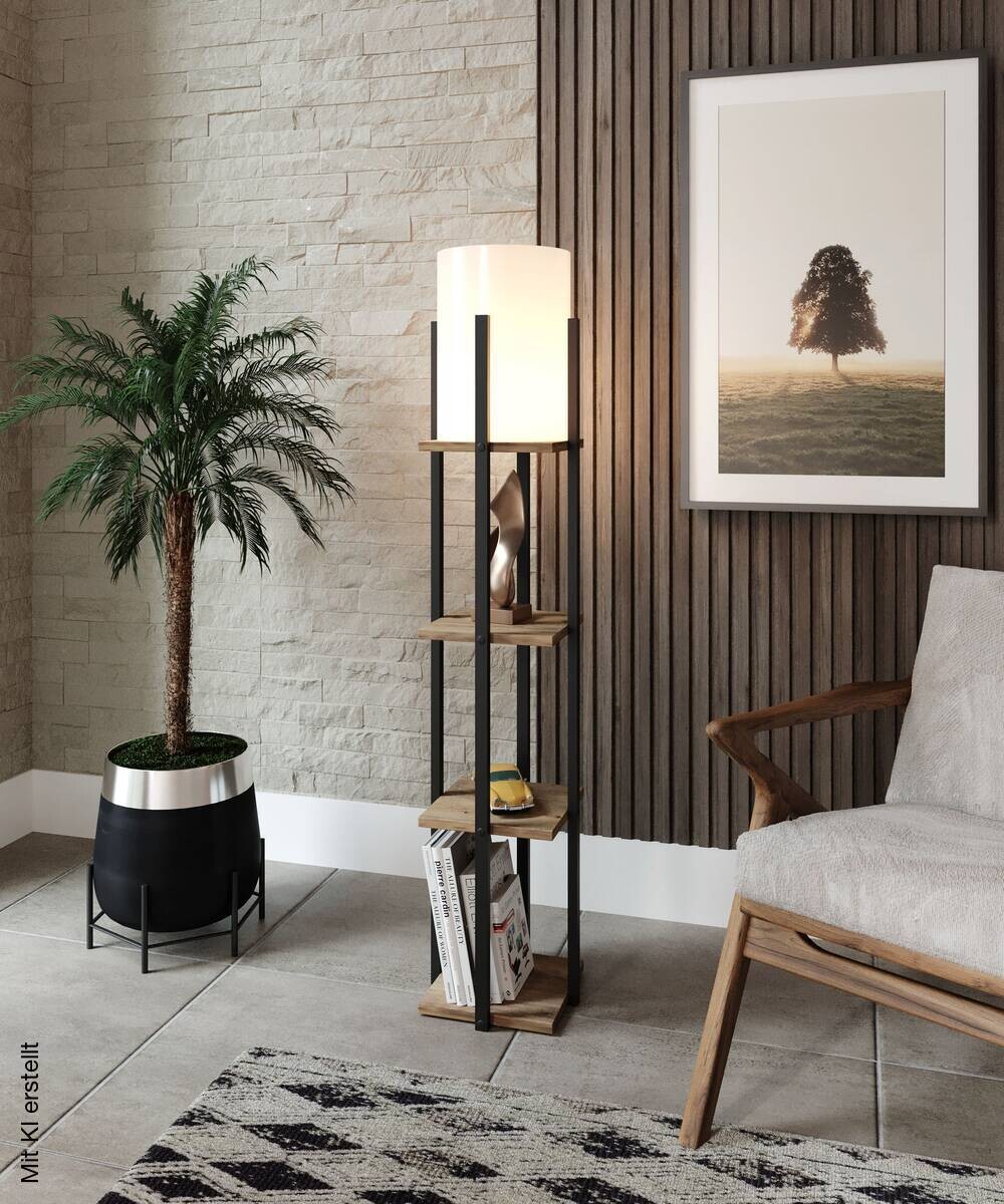 Opviq Stehlampe Nora natur schwarz Stoff MDF B/H/T/L/D: ca. 21x135x21x21x21 cm E27 1 Brennstellen