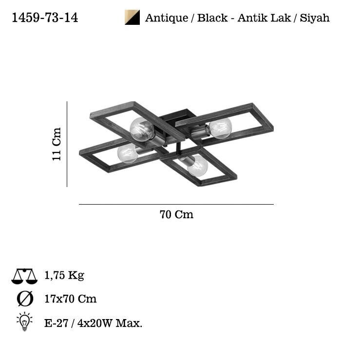 Opviq Deckenleuchte schwarz Metall B/H/T/L: ca. 70x12x11x70 cm E27 4 Brennstellen