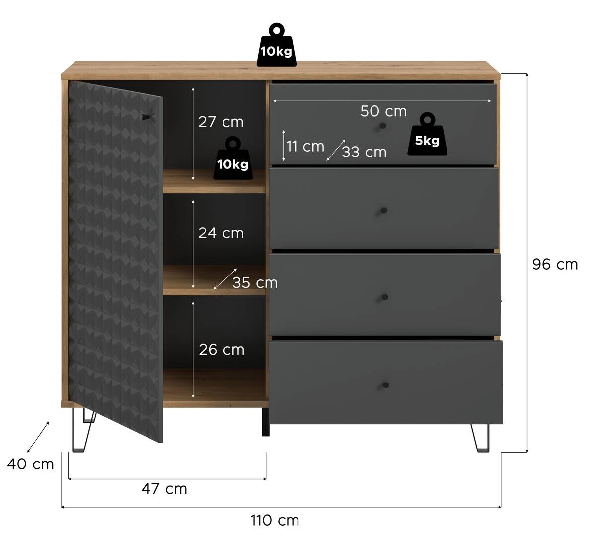 Highboard PRISMA Artisan Oak Nachbildung anthrazit matt B/H/T: ca. 110x96x40 cm