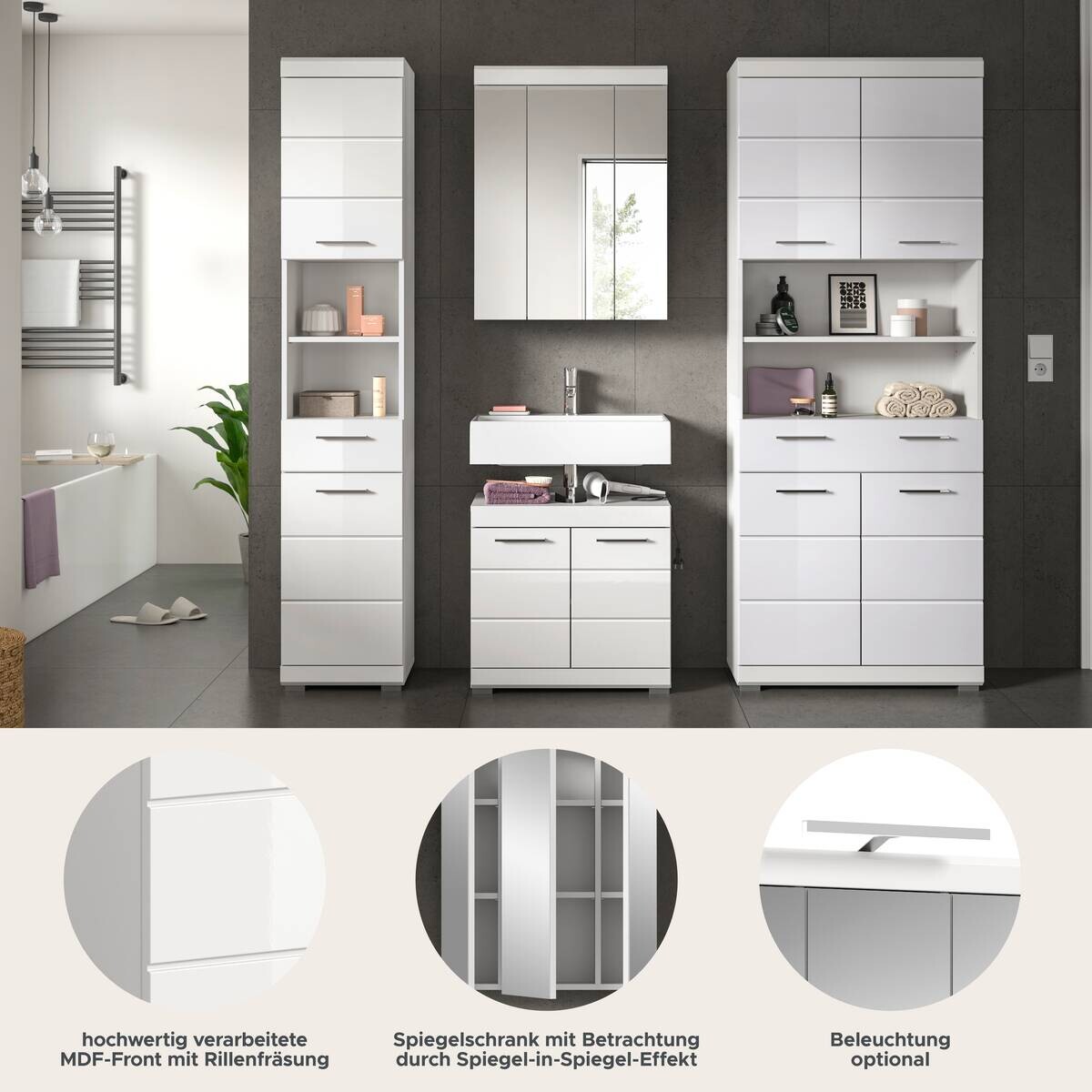 Badezimmer-Set Scout weiß weiß Hochglanz B/H/T: ca. 186x191x34 cm