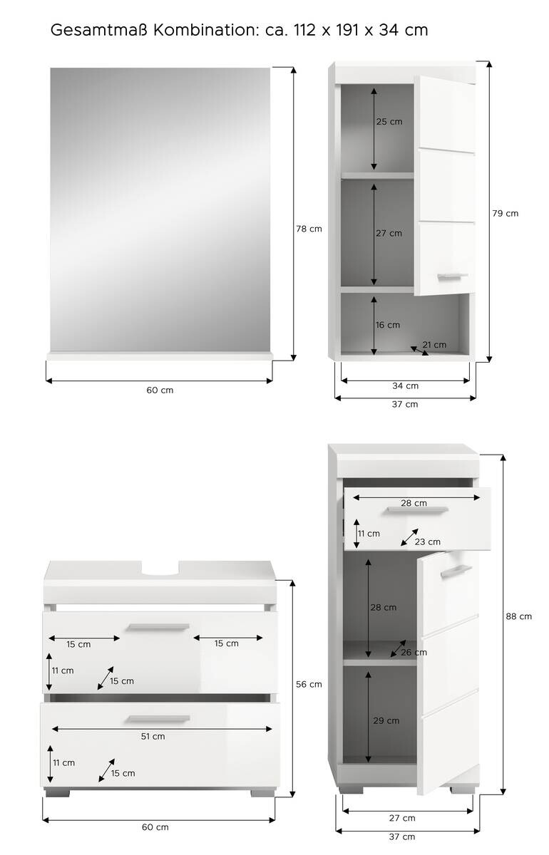 Badezimmer-Set Scout weiß weiß Hochglanz B/H/T: ca. 112x191x37 cm