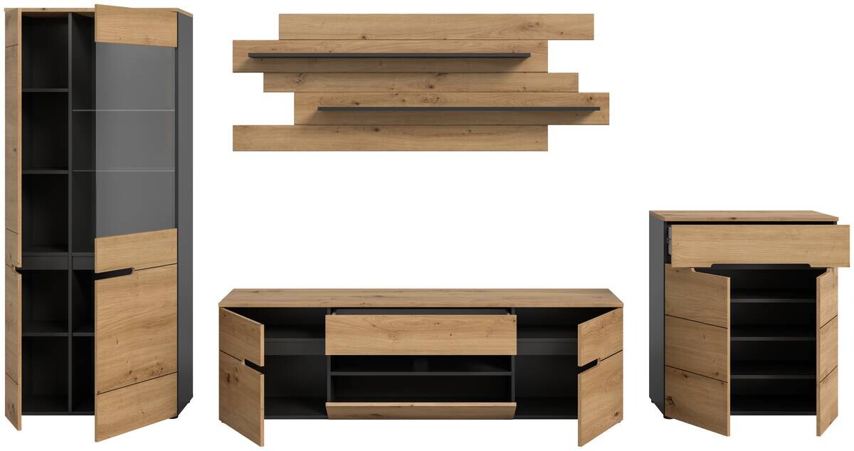 Wohnwand Canu basaltgrau Nachbildung Artisan Oak Nachbildung B/H/T: ca. 375x190x44 cm