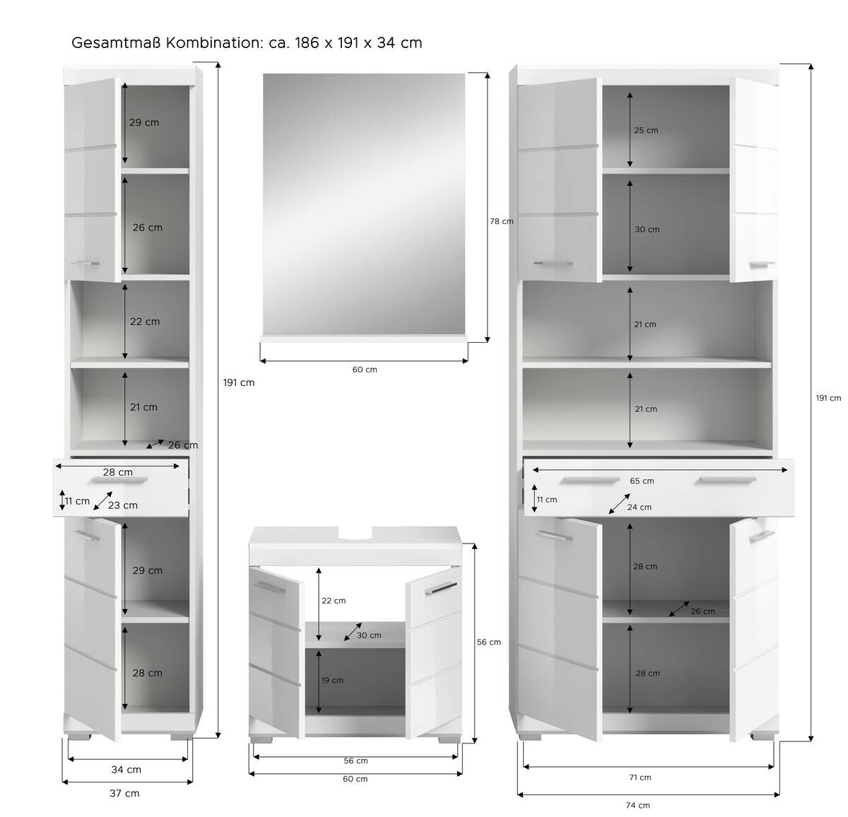 Badezimmer-Set Scout weiß weiß Hochglanz B/H/T: ca. 186x191x34 cm