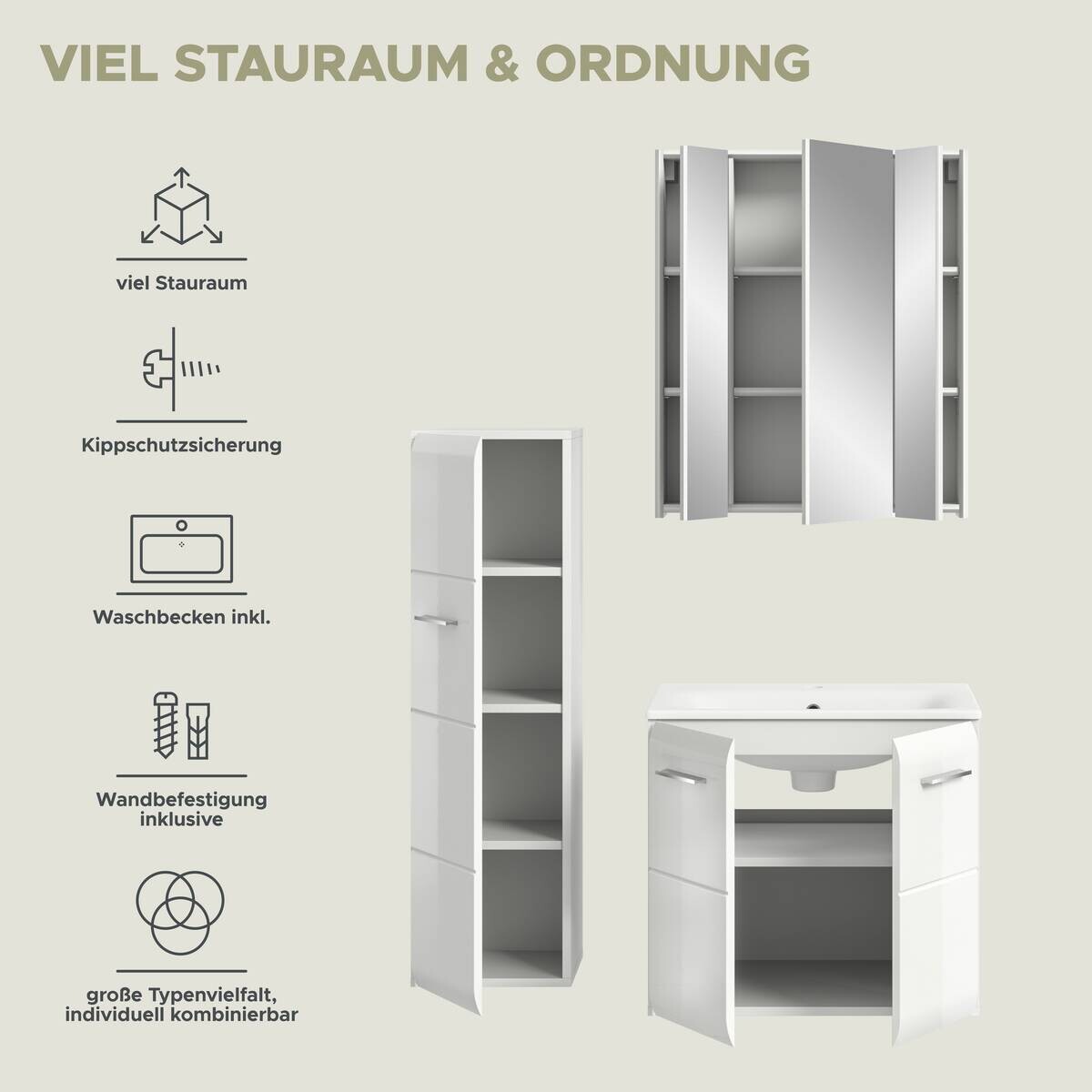 Badezimmer-Set Ice weiß weiß Hochglanz B/H/T: ca. 105x185x46 cm