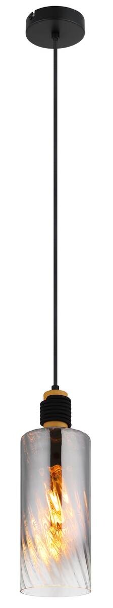 GLOBO Pendelleuchte mattschwarz braun Rauch Metall Holz Glas H/D: ca. 150x12 cm E27 1 Brennstellen