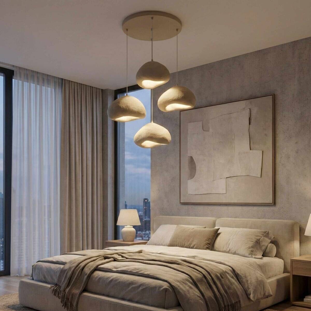 Opviq Pendelleuchte beige Metall Fiberglas B/H/T/L/D: ca. 95x110x95x95x95 cm E27 4 Brennstellen
