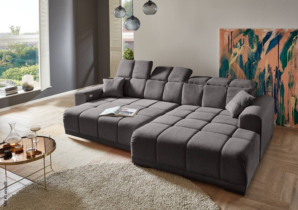 Ecksofa mit elektrischer Sitztiefenverstellung beige Microfaser B/H/T: ca. 301x113x195 cm